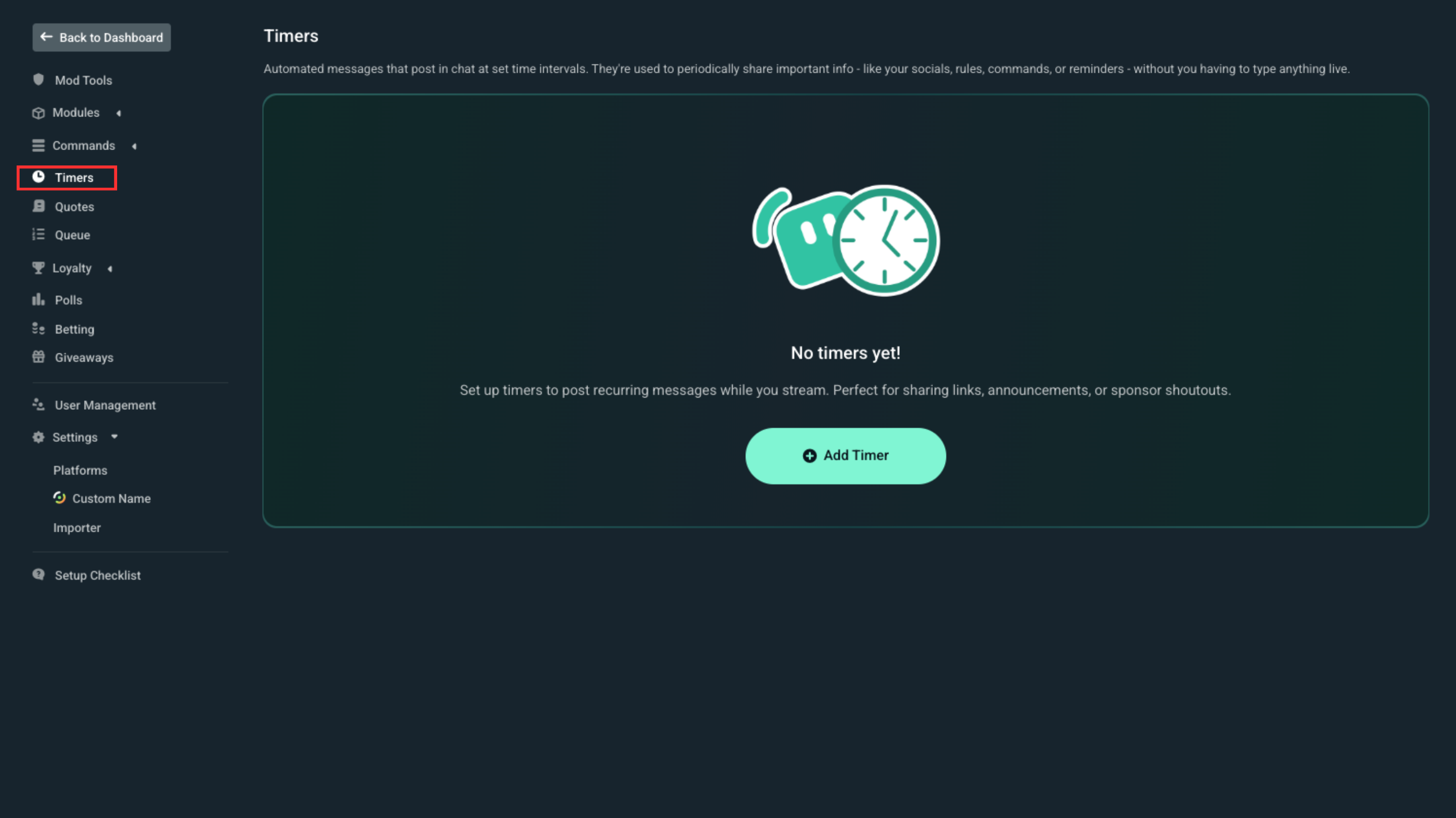 Timers section of Cloudbot settings